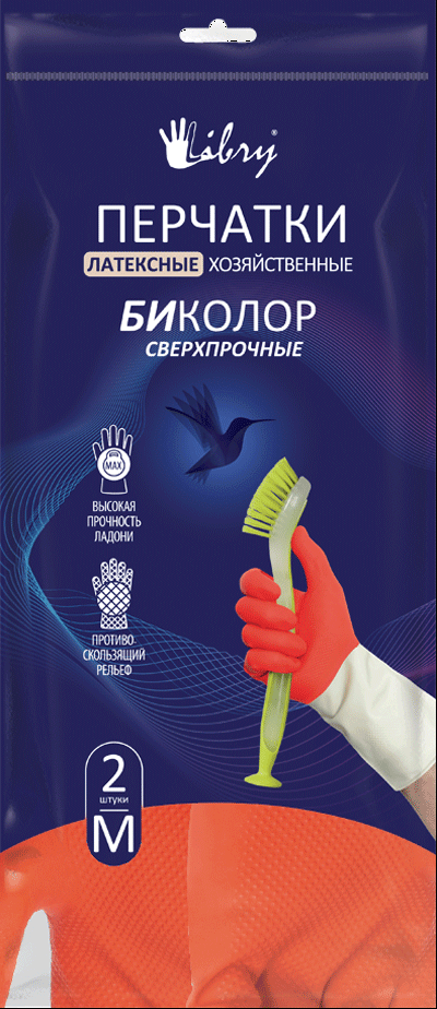 Перчатки хоз латекс Libry БИКОЛОР бело-красные р-р М в уп сверхпрочные KHBIC2WR - фото - 1